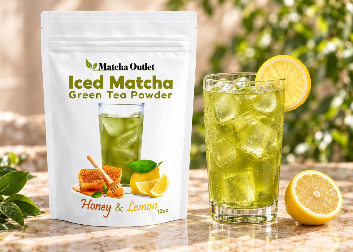 Matcha Lemonade Iced Tea Mix Honey and Lemon 12 oz bag beside a water-based iced drink