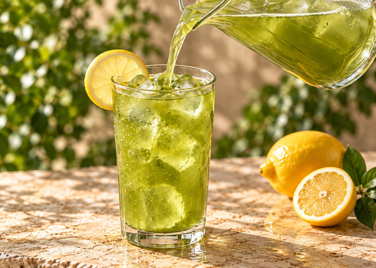 Pouring thin water-based matcha lemonade over ice