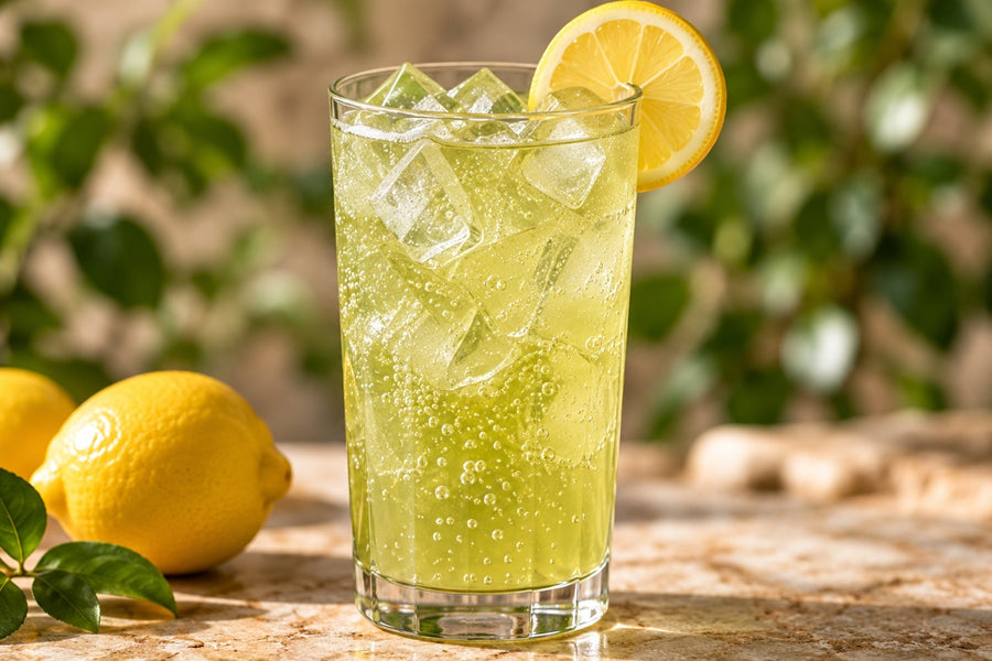 Water-based sparkling matcha lemonade with lemon and bubbles