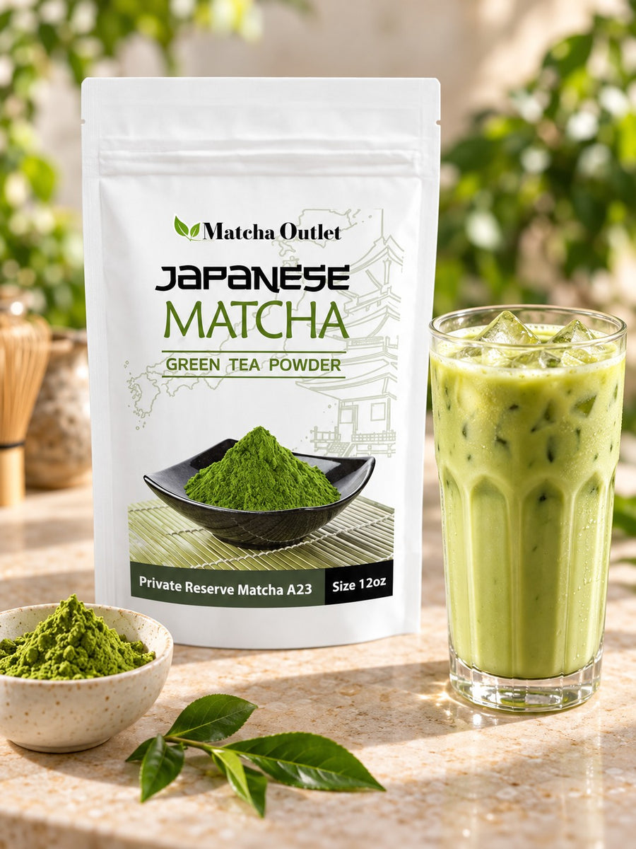 Private Reserve A23 Japanese matcha 12 oz pouch beside an iced matcha latte
