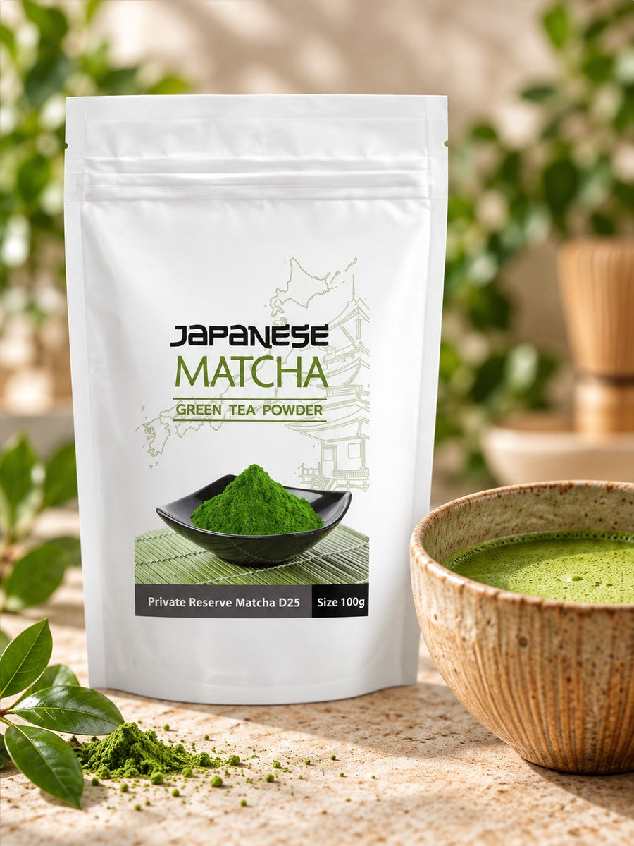 Private Reserve D25 Japanese matcha 100 g pouch beside a bowl of whisked matcha