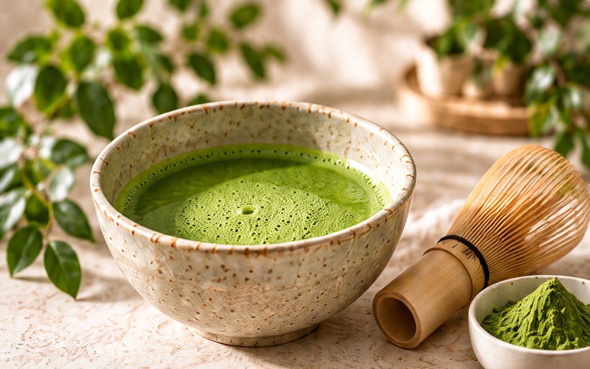 Whisked Japanese matcha in a speckled ceramic bowl beside a bamboo whisk and matcha powder