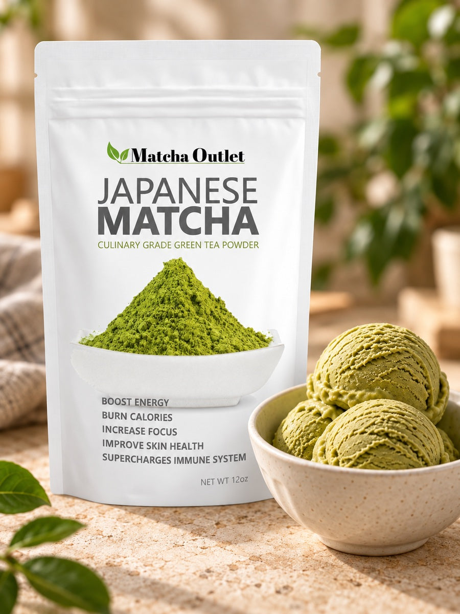 Japanese Ryori culinary matcha pouch beside muted olive-yellow matcha ice cream