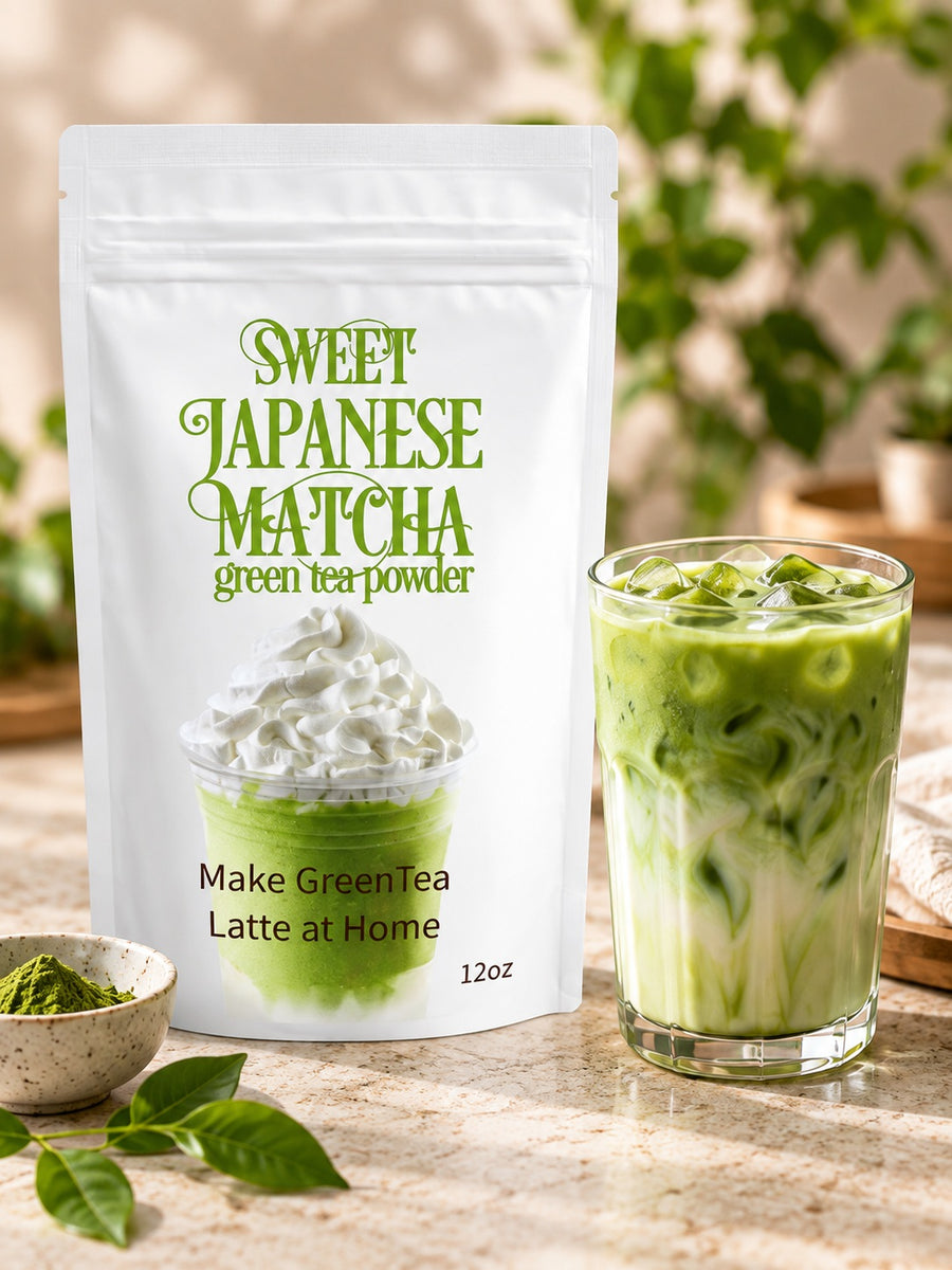 Sweet Japanese Matcha Green Tea Latte Mix pouch beside an iced milk latte