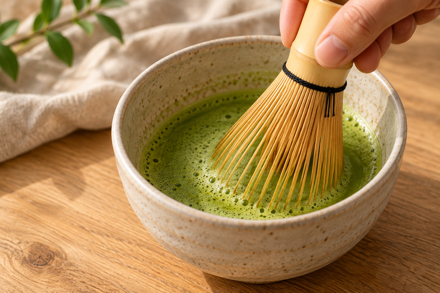Whisking matcha with a bamboo whisk in a ceramic bowl