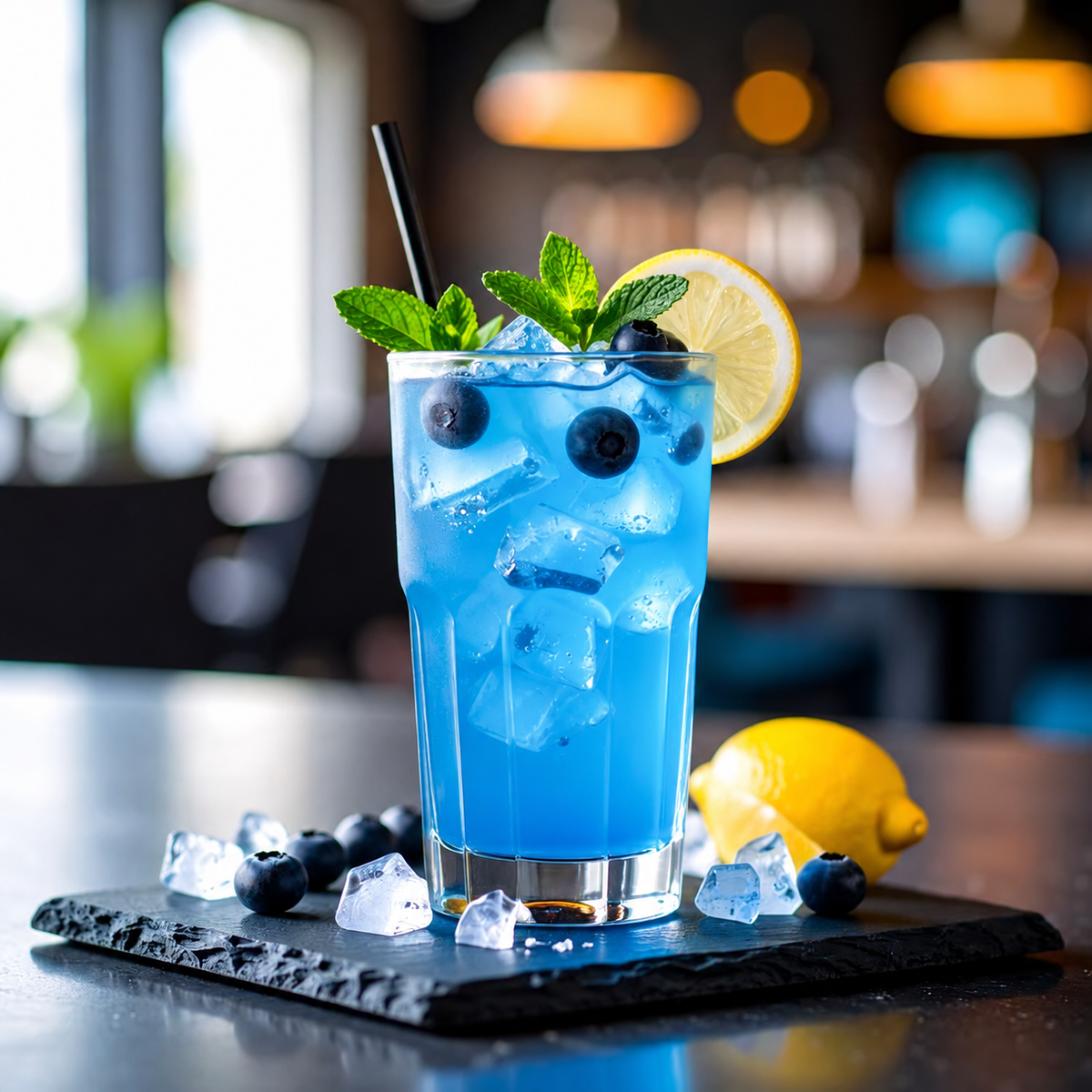 Berry and honey Blue Drink served with ice, blueberries, mint and lemon at a café