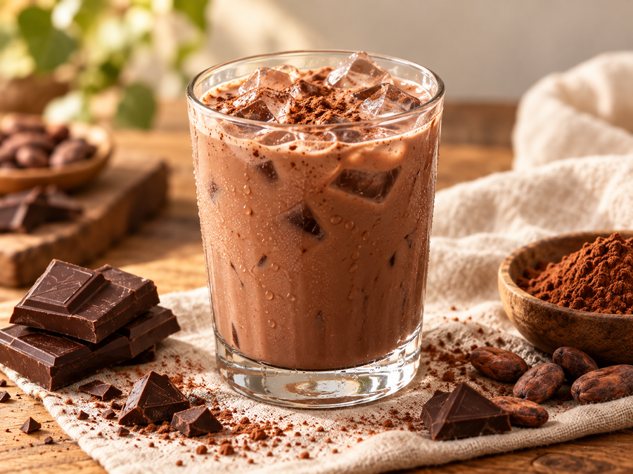 Naturally chocolate-brown iced cocoa drink in a clear glass