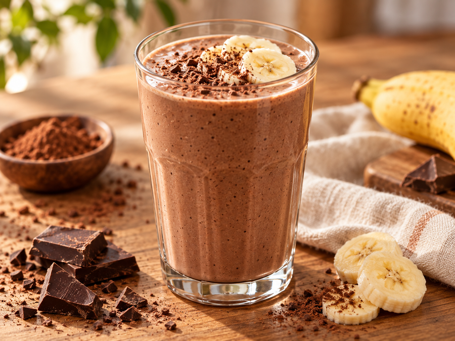 Cocoa banana smoothie in a clear glass topped with banana slices