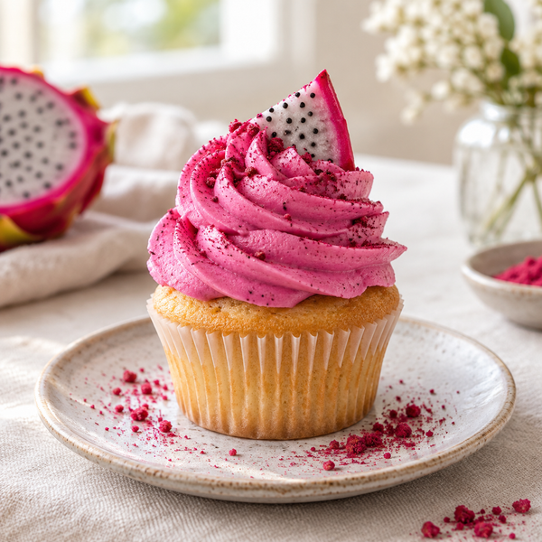 Vanilla cupcake with naturally pink dragon fruit frosting