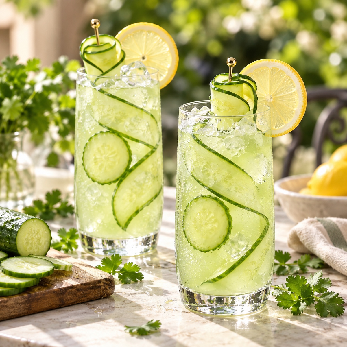 Two iced cucumber refreshers with cucumber ribbons and lemon on a garden café table