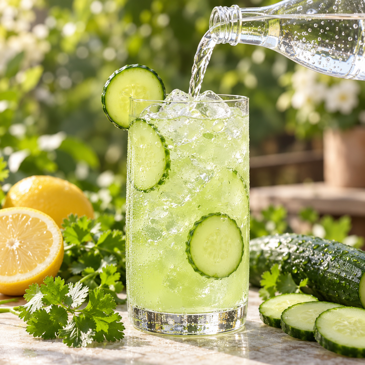 Sparkling water being poured into an iced pale green cucumber refresher