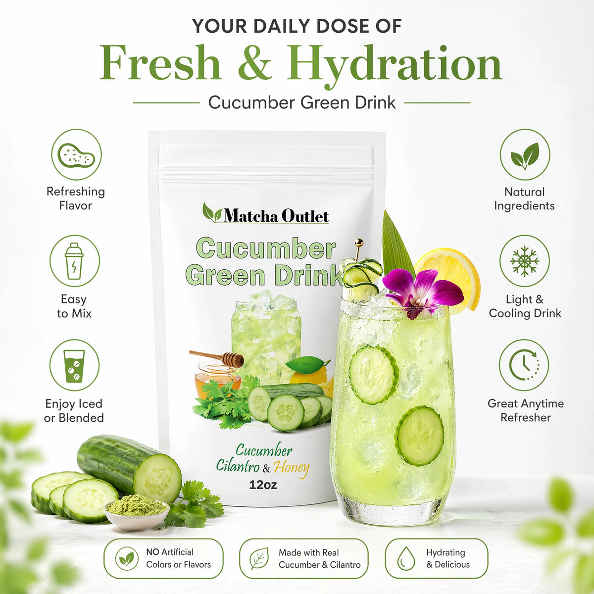 Green Drink cucumber refresher mix with honey, lemon and cilantro