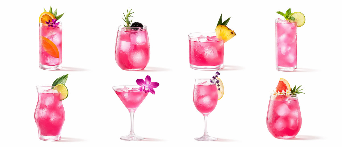 Eight Pink Drink serving ideas in different glasses with fruit garnishes