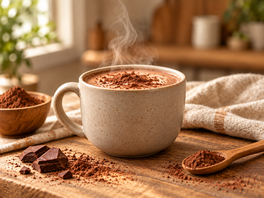Warm cocoa in a taupe ceramic mug on cream linen