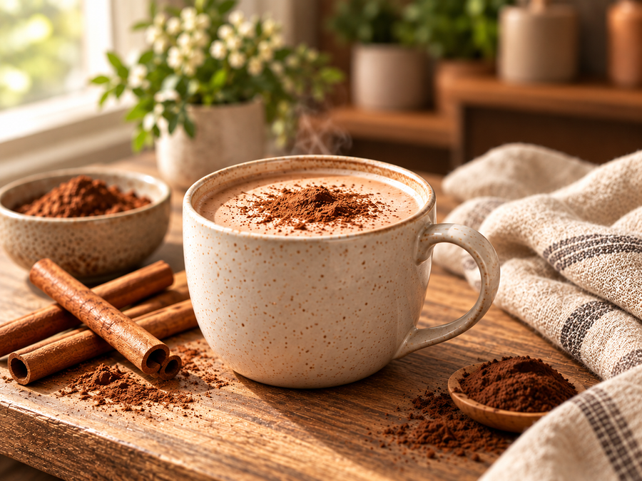 Cinnamon mocha coffee in an ivory ceramic mug with cinnamon sticks