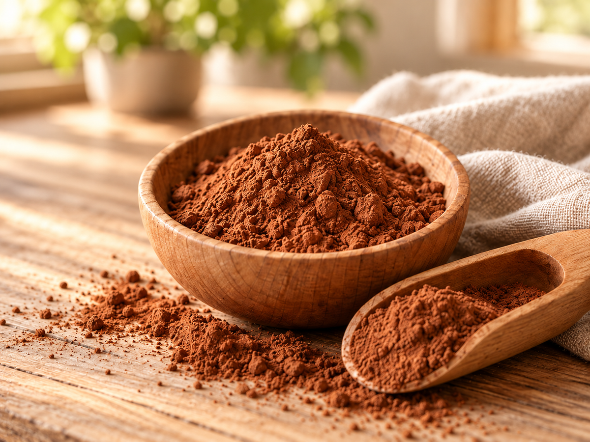 Cocoa-brown shilajit powder in a wooden bowl and spoon on warm linen