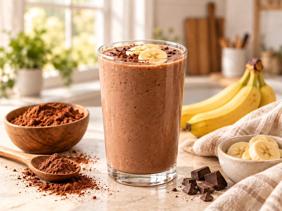 Chocolate-brown cocoa banana smoothie in a clear glass