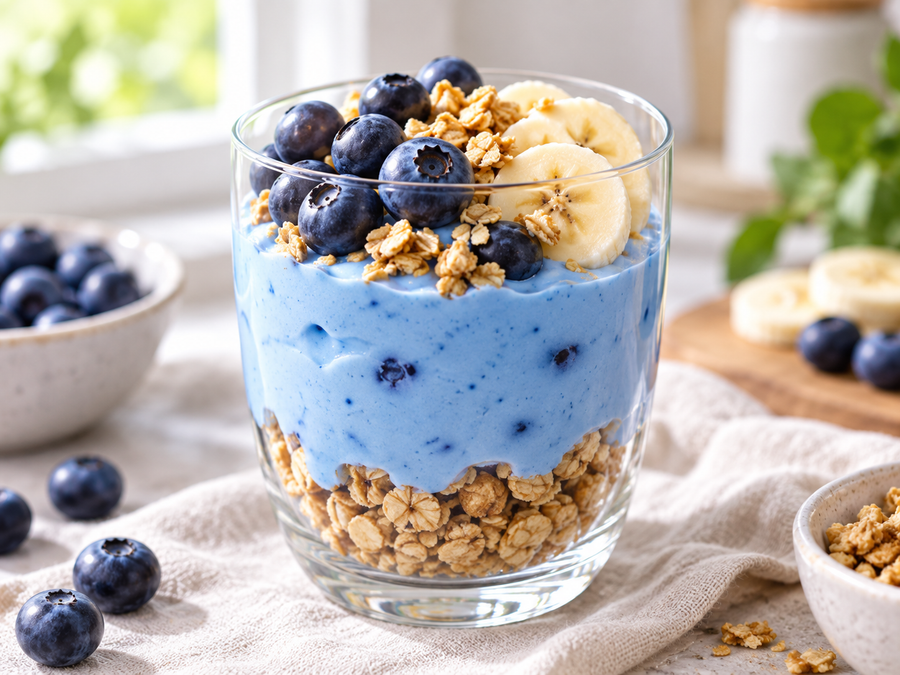 Glass parfait with sky-blue spirulina yogurt, granola, blueberries and banana