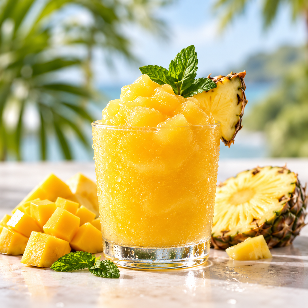 Frozen mango and pineapple Yellow Drink slush with a pineapple garnish