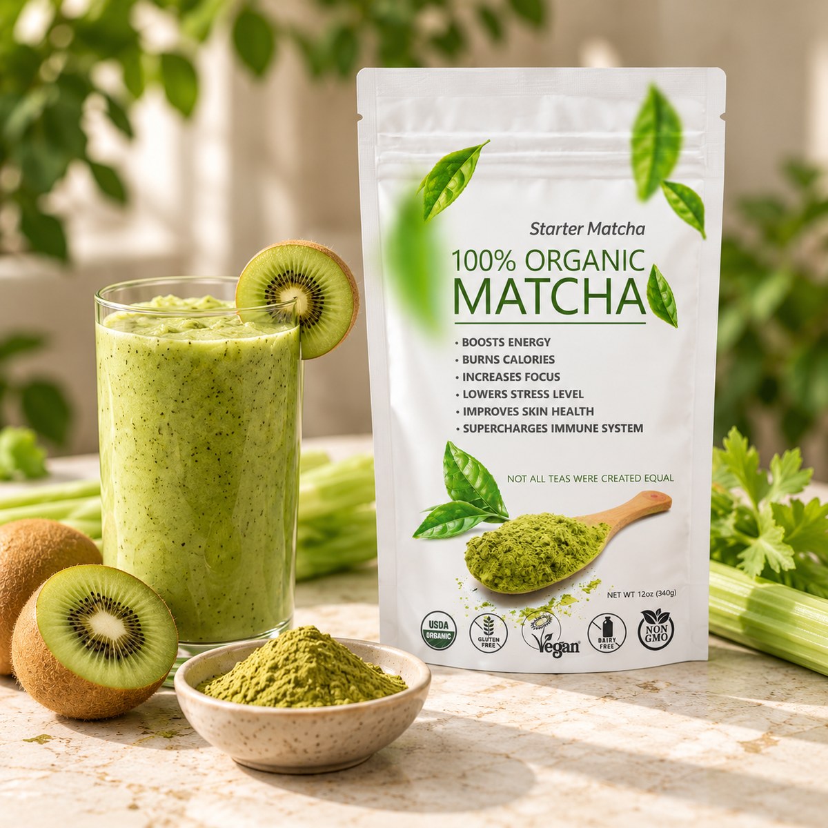 Organic Starter Matcha pouch beside a kiwi and celery smoothie