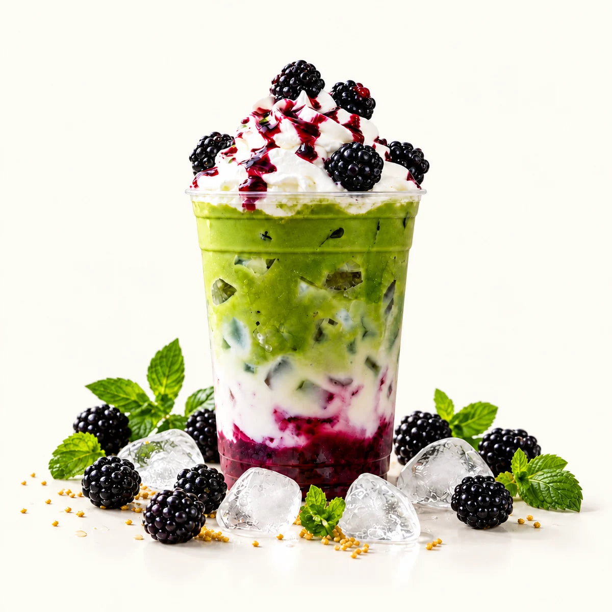 Layered blackberry matcha latte with whipped cream, berries and ice