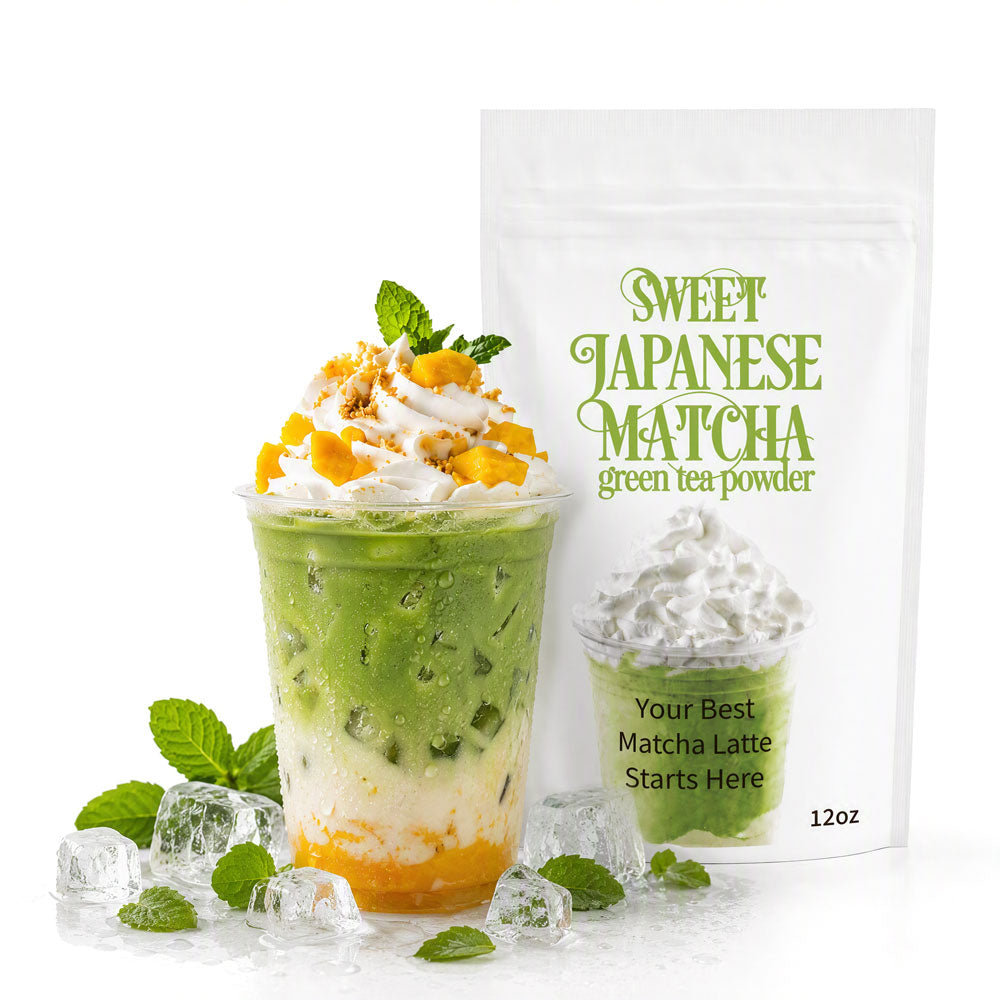 Mango matcha latte serving suggestion beside a bag of Sweet Japanese Matcha latte mix