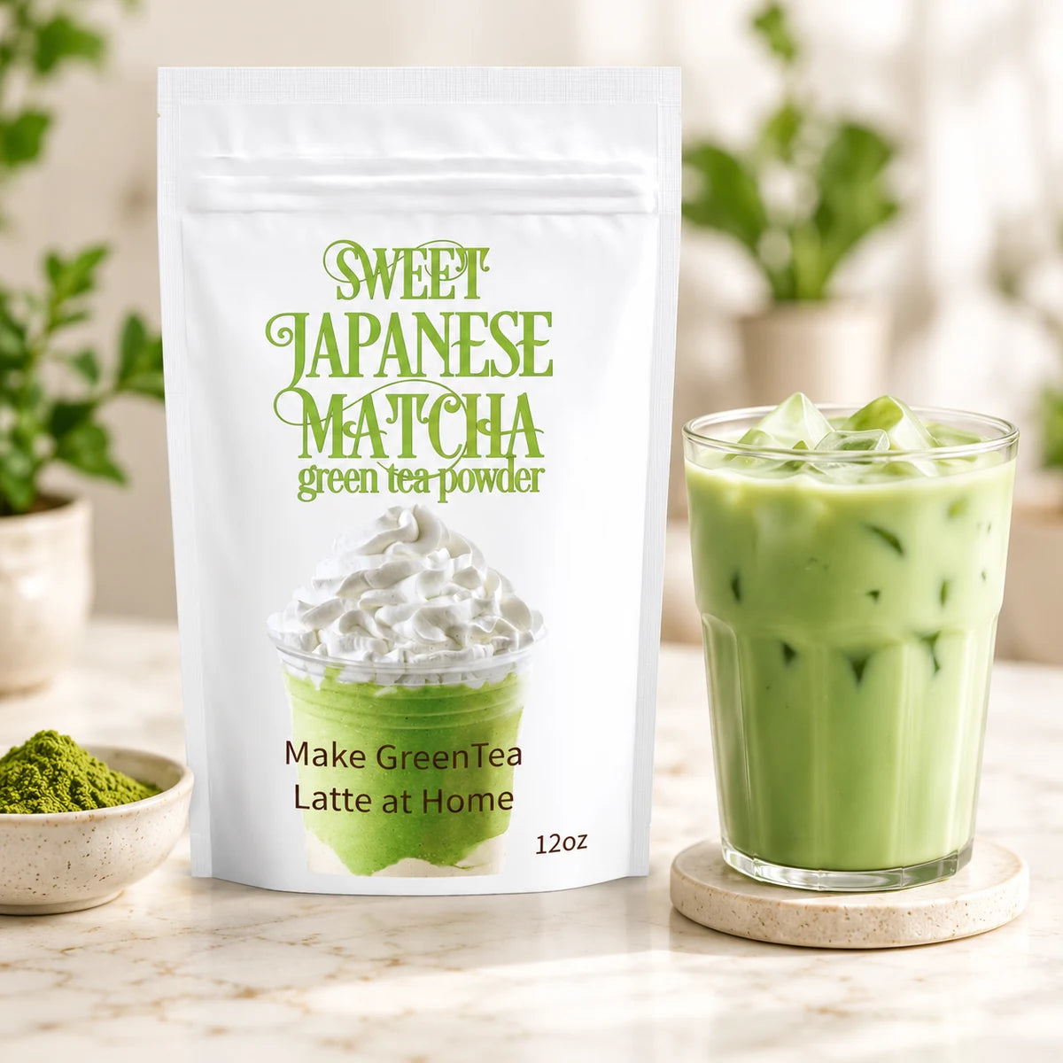 Sweet Japanese Matcha latte mix pouch and iced latte