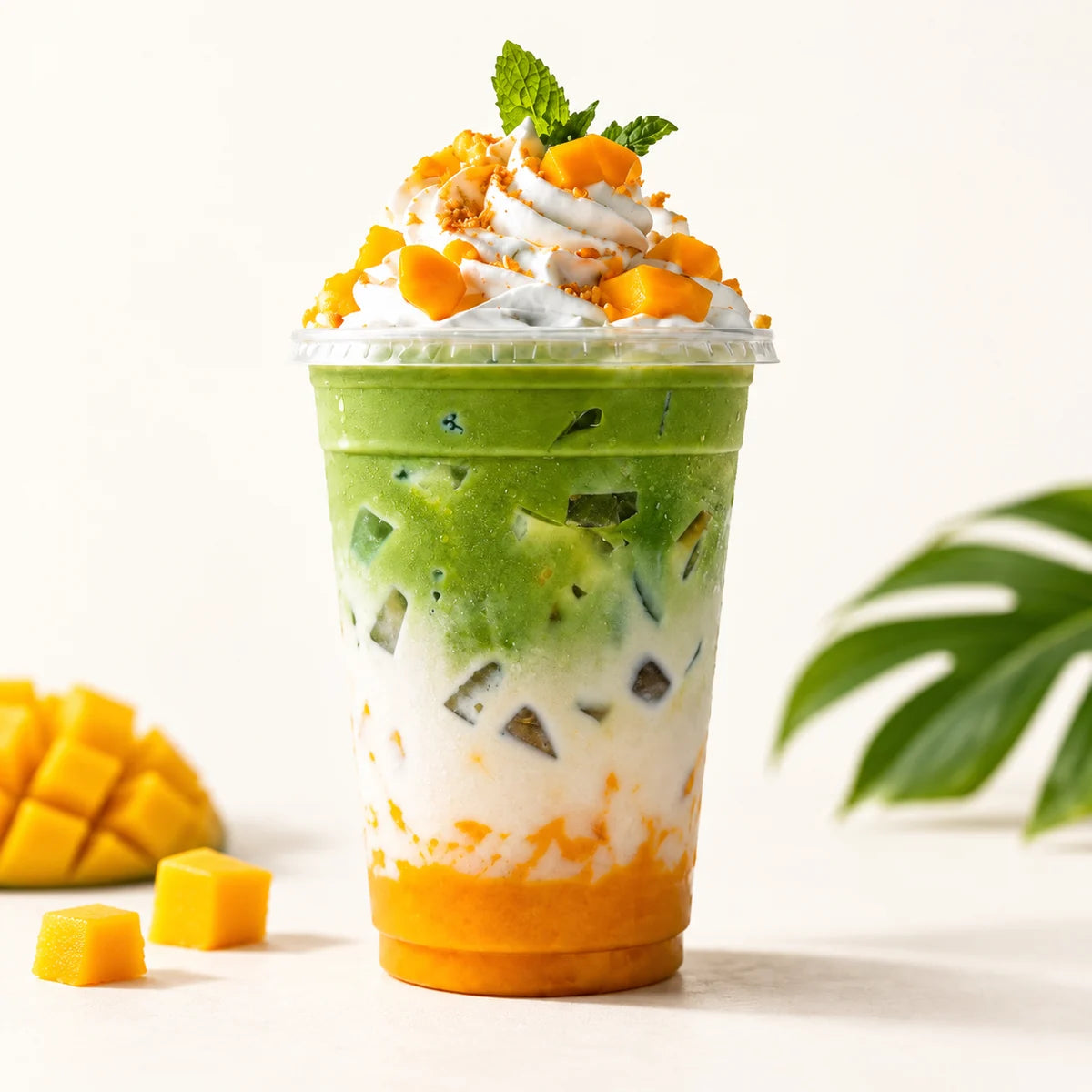 Iced mango matcha latte with mango puree, milk and optional whipped cream
