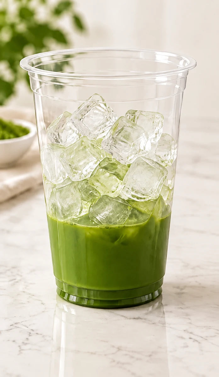 Clear ice cubes added to mixed matcha
