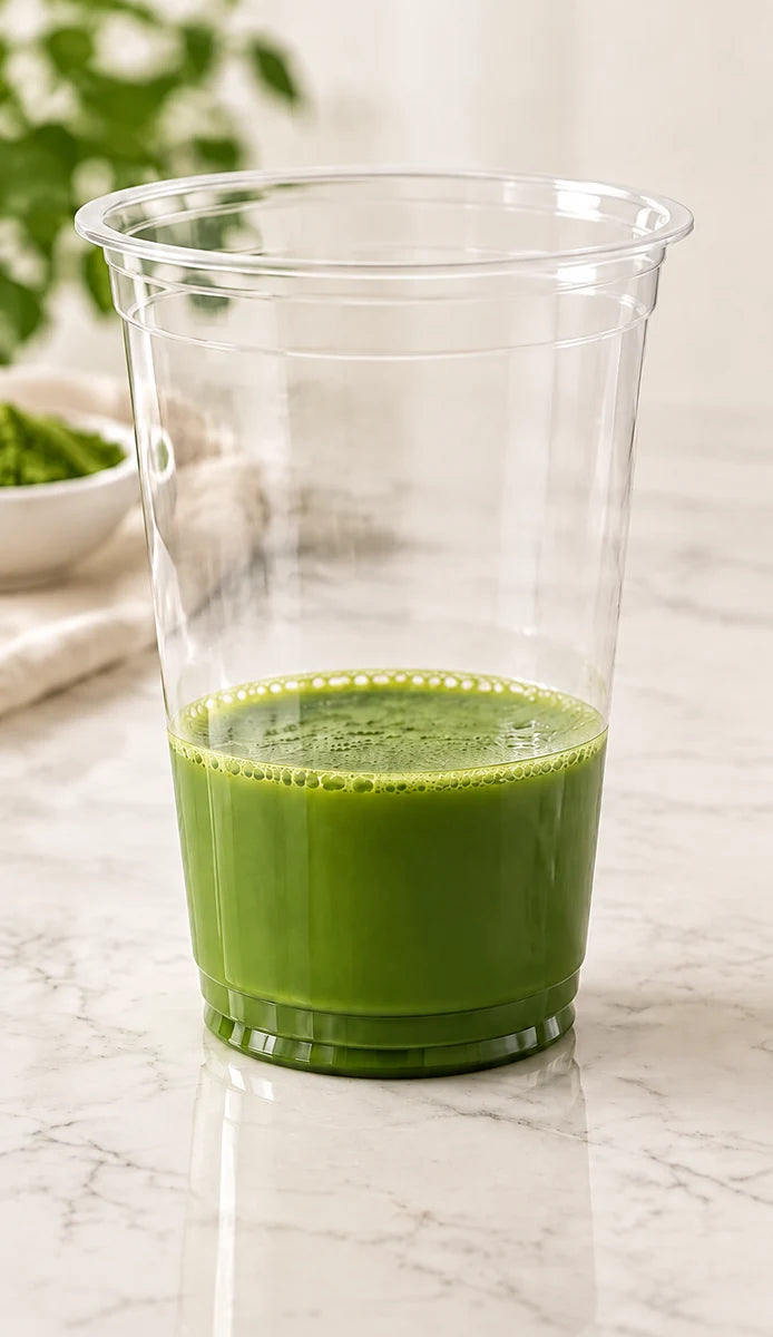Matcha latte mix stirred with warm water in a clear cup