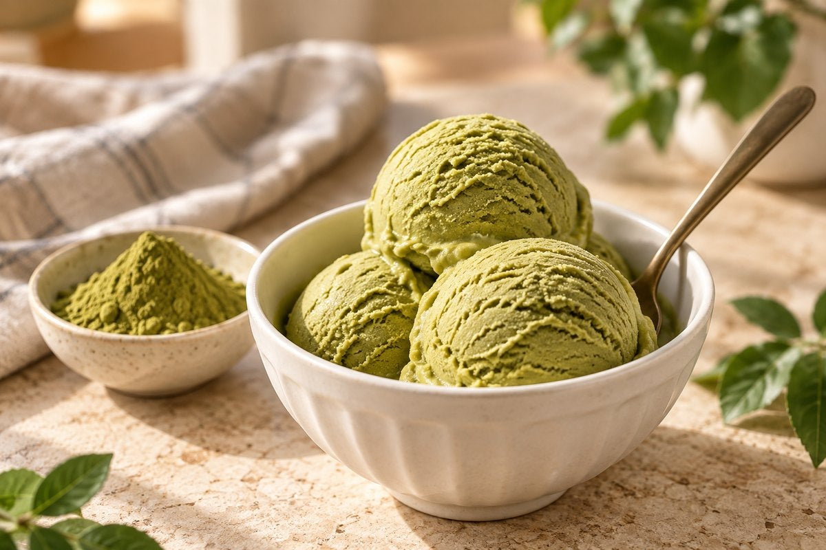 Matcha ice cream and matcha powder on a cream café counter