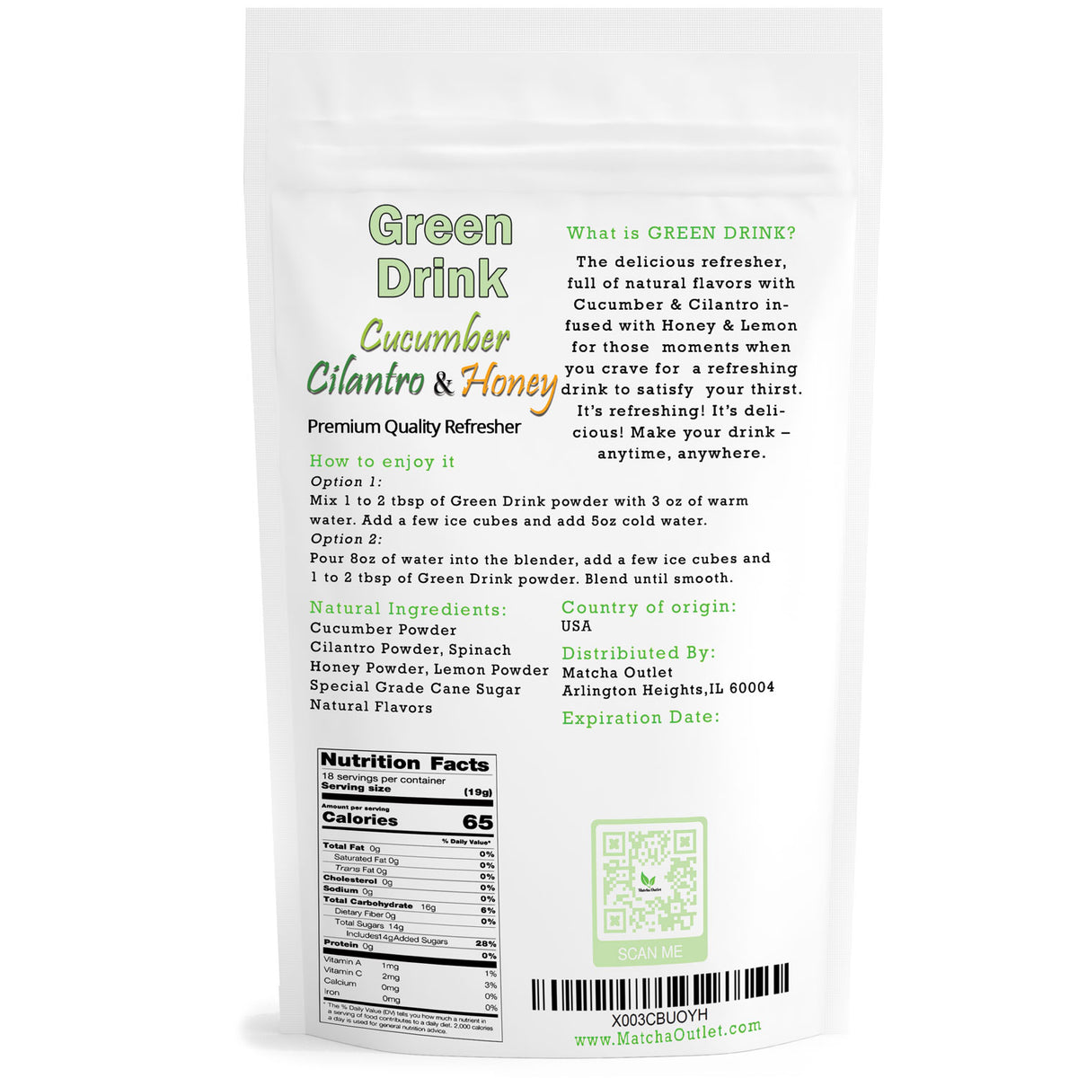 Back of Green Drink cucumber refresher mix bag with product information
