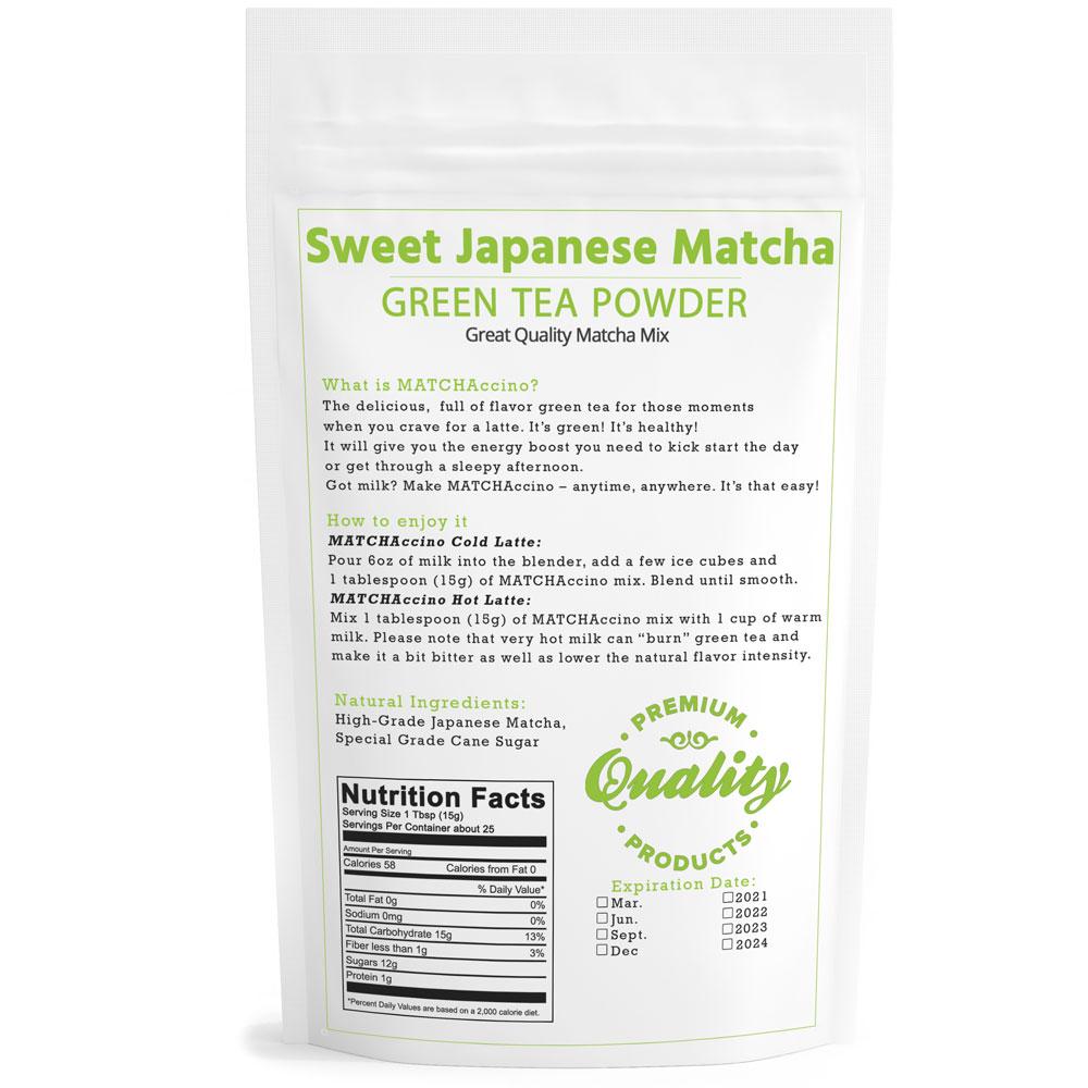 Back of Sweet Japanese Matcha Green Tea Latte Mix bag with preparation instructions, ingredients and nutrition facts